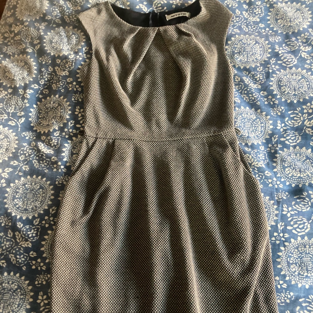Black and white faux tweed pleat neck dress